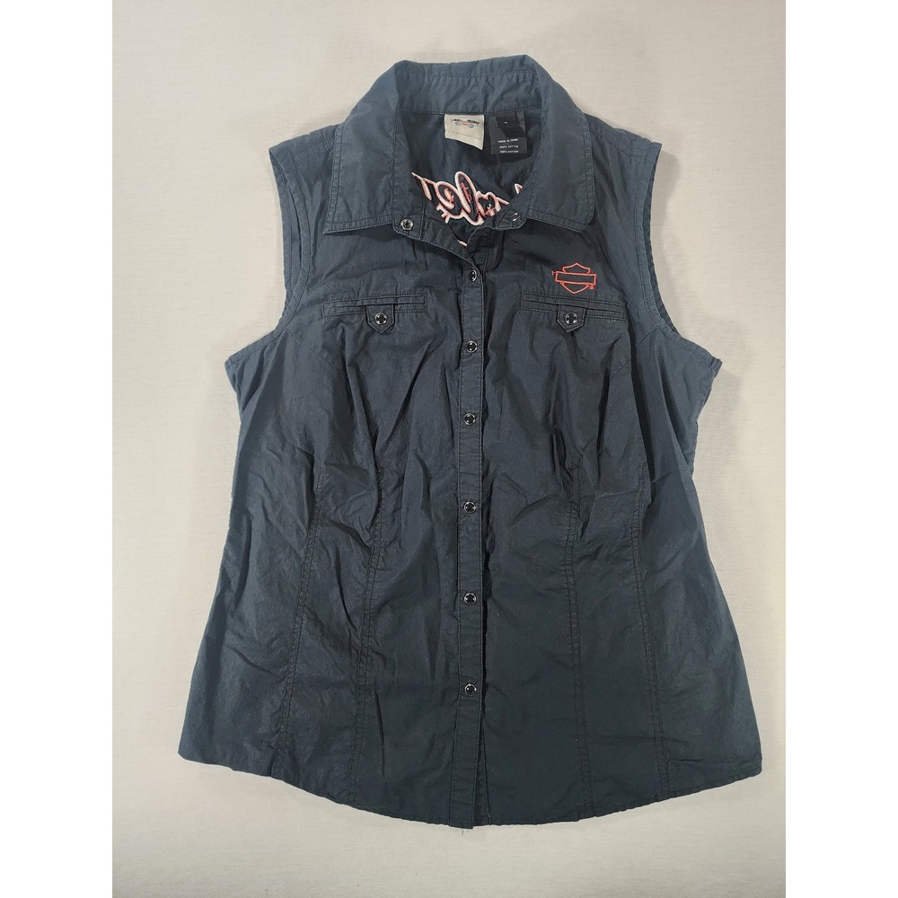 Harley Davidson Sleeveless Shirt Vest Womens Large Black Embroidered Winged Logo